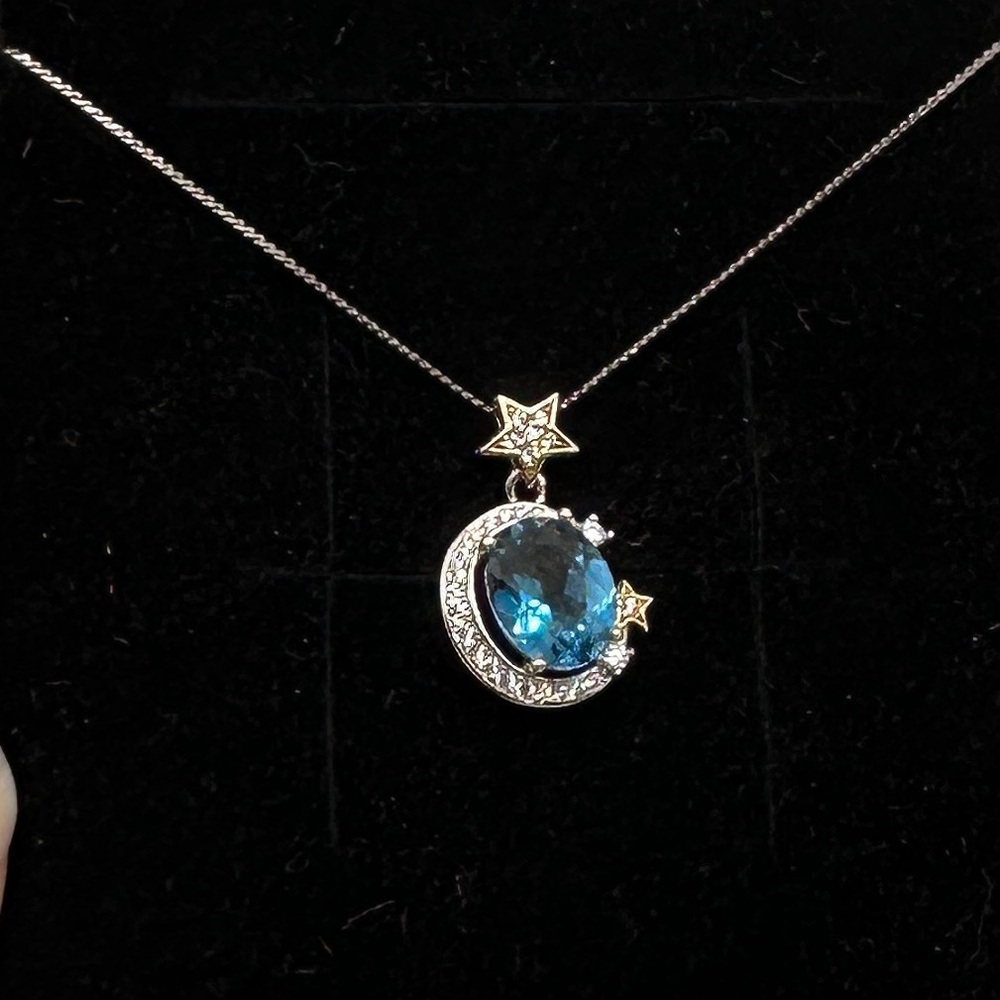 Big London blue topaz moon and stars pendant sterling silver